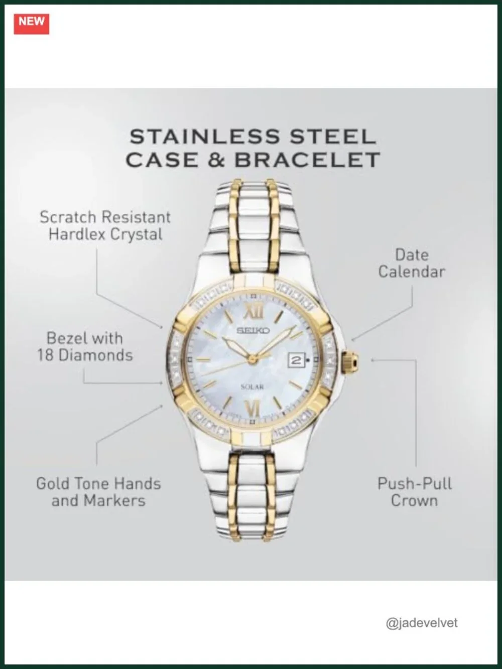 Solar Women's Watch, 18 Diamond Accents, Two-Tone Gold Stainless Steel, Water